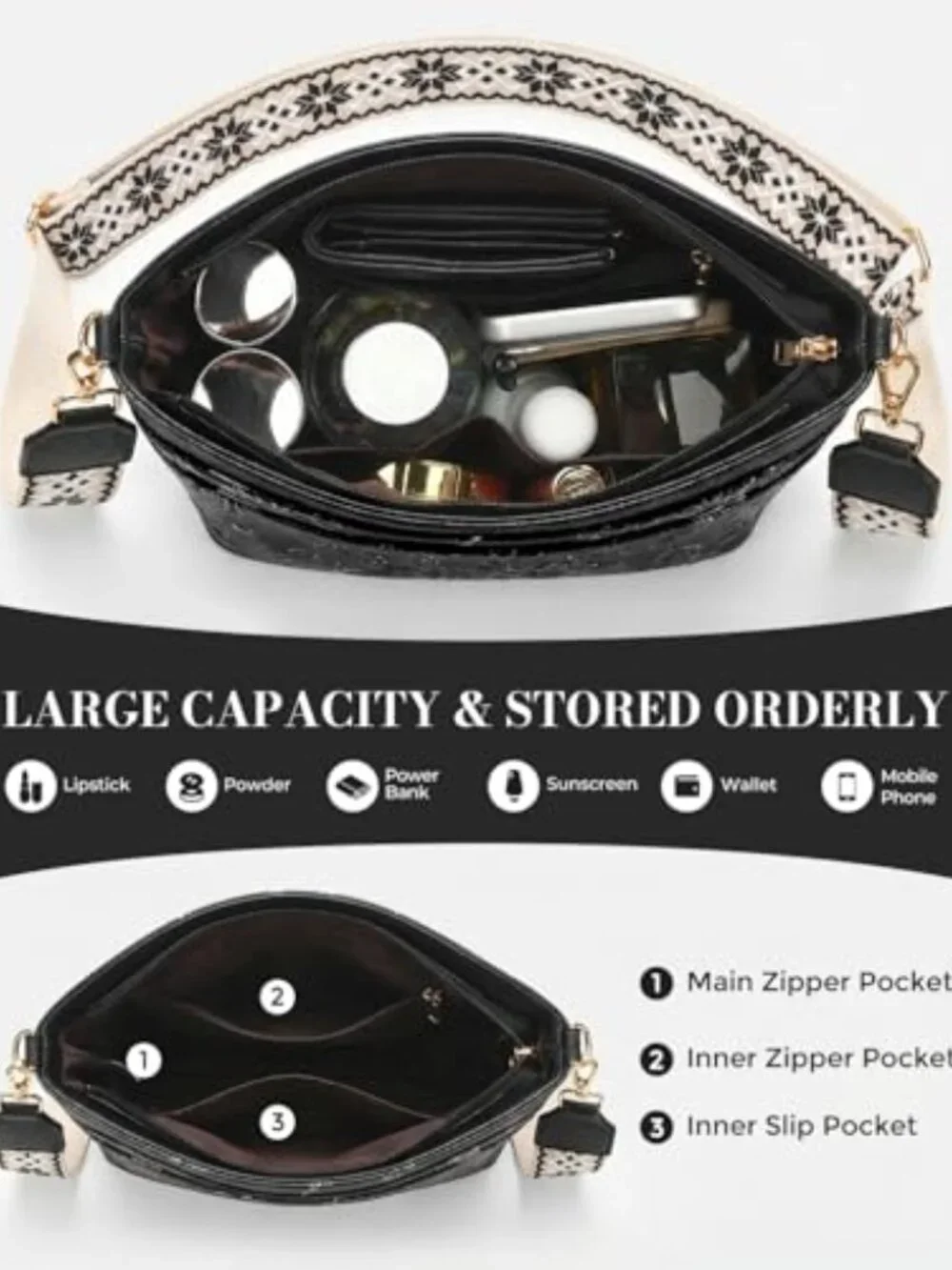 Vegan Leather Crossbody Bag with Boho Strap, Embossed Floral Purse